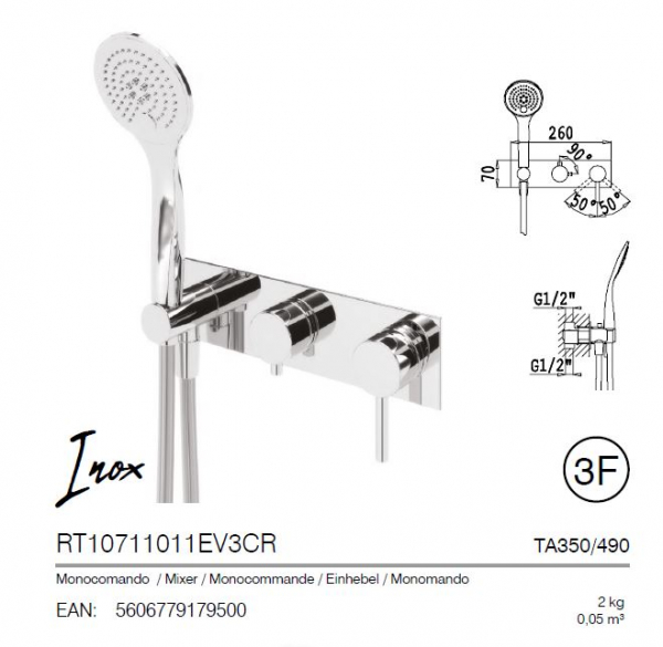 Rubicer 3-Wege-Mischer mit Handbrause RT10711011EV3CR Armatur für Duschen Inox