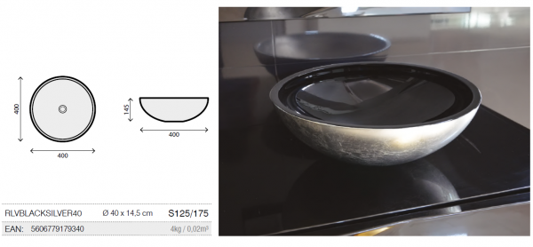 Rubicer Glas Aufsatzwaschbecken Waschschüssel Schwarz / Silber RLVBLACKSILVER40