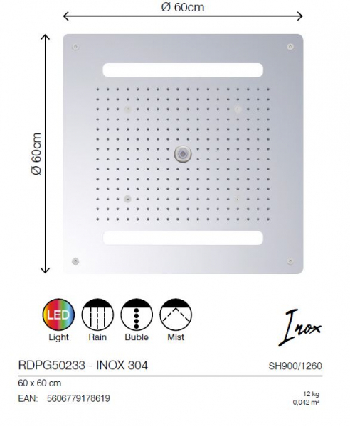 Rubicer Dusche RDPG50233 Regendusche Inox mit Farblichttherapie Deckenmontage Unterputz