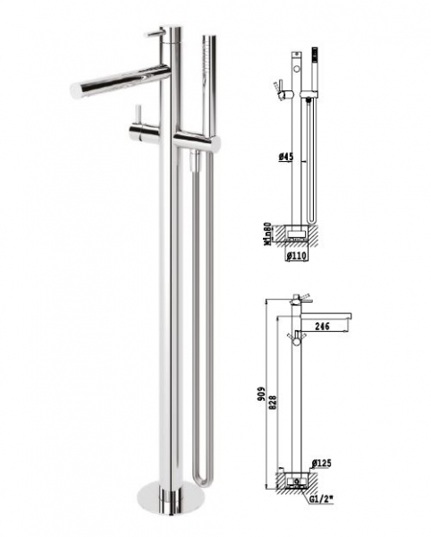 Rubicer Lusa Badewannen-Standarmatur 80011 Wannen-Wasserhahn stehend Chrom