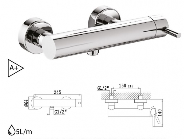 Rubicer Lusa Duscharmatur 704011E effiziente Wandarmatur für Dusche Chrom