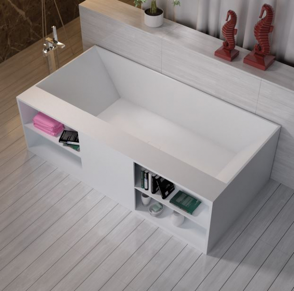 Rubicer New Line Badewanne mit Regal Weiß glänzend Steinstaub/Kunstharz RTCS43