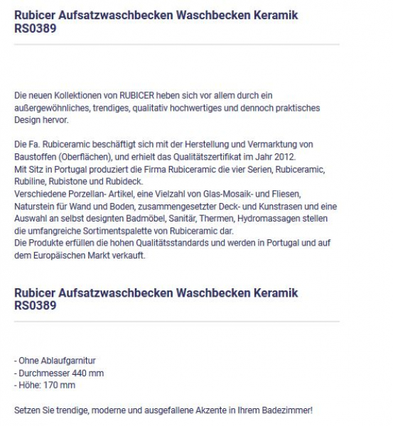 Rubicer RS0389 Keramik-Aufsatzwaschbecken