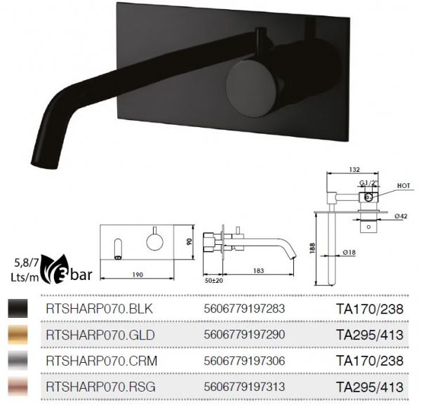 Rubicer Sharp Wasserhahn 070 Armatur für Waschbecken Unterputz Chrom / Schwarz / Gold / Kupfer