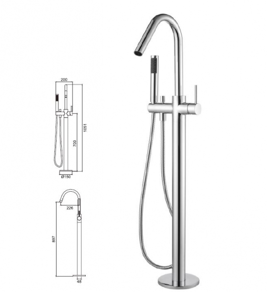 Rubicer Badewannen-Standarmatur mit Wannenauslauf und Handbrause Chrom RTSE4007CR