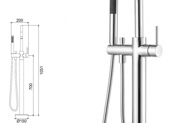 Rubicer Badewannen-Standarmatur mit Wannenauslauf und Handbrause Chrom RTSE4007CR