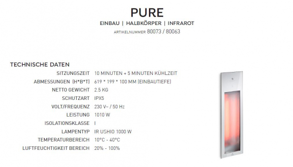 Sunshower Pure Infrarot-Paneel Einbau
