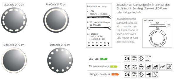 Top Light Spiegel Circle Leuchtspiegel in vielen Größen mit LED-, Halogen- oder Leuchtstofflampen