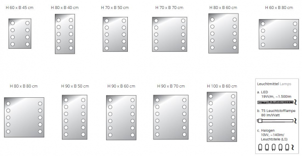 Top Light Spiegel DotLight Leuchtspiegel in vielen Größen mit LED-, Halogen- oder Leuchtstofflampen