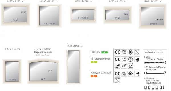 Top Light Spiegel InLight Leuchtspiegel in vielen Größen mit LED-, Halogen- oder Leuchtstofflampen