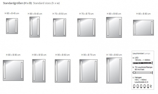 Top Light Spiegel FineLine Leuchtspiegel in vielen Größen mit LED-, Halogen- oder Leuchtstofflampen