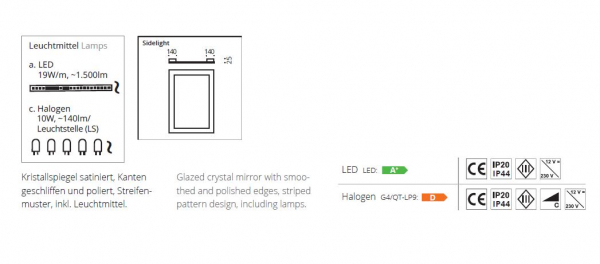 Top Light Spiegel SideLight Leuchtspiegel in vielen Größen mit LED-, Halogen- oder Leuchtstofflampen