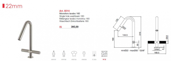 Treemme 22 mm Waschtisch Einloch Armatur Wasserhahn 6014