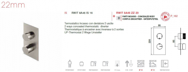 Treemme 22mm Unterputz-Thermostat mit 2-Wege-Umsteller 8A46