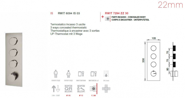 Treemme 22mm Unterputz-Thermostat mit 3 Wege 6094