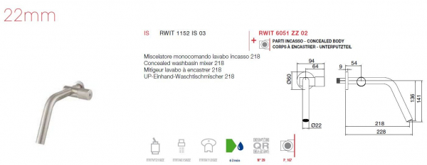 Treemme 22mm Waschtisch Unterputzarmatur 218 Wasserhahn 1152