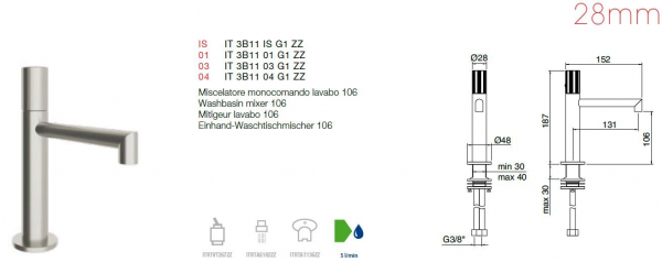 Treemme 28 mm Einhand-Waschtischmischer 106 Wasserhahn 3B11 G1