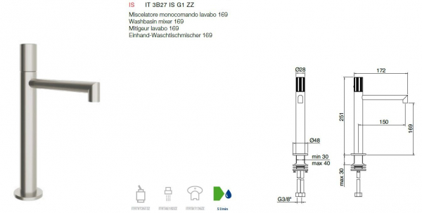 Treemme 28 mm Einhand-Waschtischmischer 169 Wasserhahn 3B27 G1