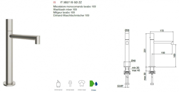 Treemme 28 mm Einhand-Waschtischmischer 169 Wasserhahn 3B27 GD