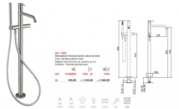 Treemme 40 mm Standarmatur für Badewanne 1303 für Badewanne mit Handbrause