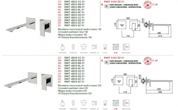 Treemme Armatur Q30 Unterputz-Einhand Waschtischmischer Wasserhahn 185/220