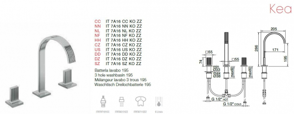 Treemme Kea Armatur Dreilochbatterie Wasserhahn für Waschbecken 7A16