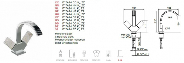 Treemme Kea Bidet-Armatur Wasserhahn Einlochbatterie 7A24K mit Marmorgriffen