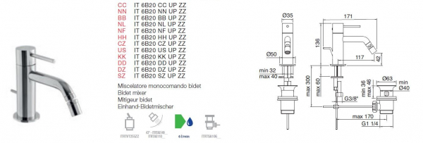 Treemme Up+ Armatur für Bidet Wasserhahn Einhebelmischer Einhand-Bidetmischer 6B20