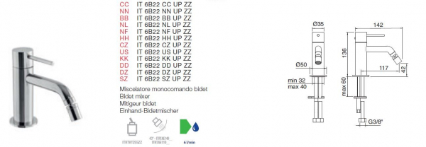 Treemme Up+ Armatur für Bidet Wasserhahn Einhebelmischer Einhand-Bidetmischer 6B22