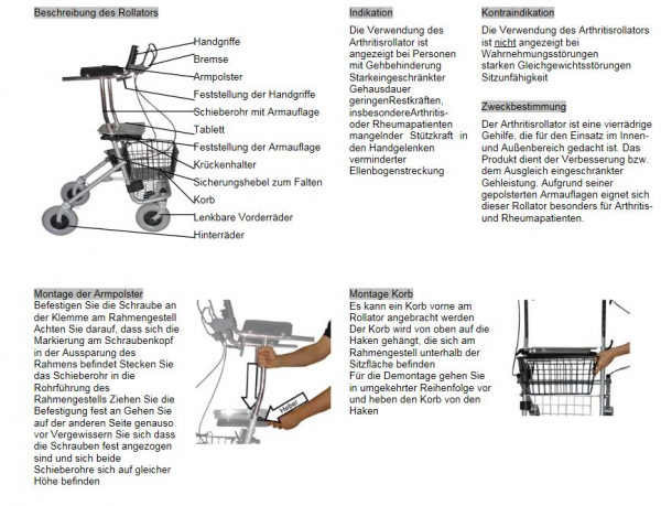 Trendmobil Rollator Gehwagen Standard Stahl Arthritis-Ausführung mit Bremse und Korb