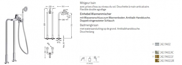 Tres-Clasic Badewannen-Armatur Standarmatur mit Handbrause 24219492 Chrom/Stahl/Messing, exklusives Design für Ihr Badezimmer