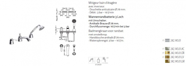 Tres-Clasic Badewannen-Armatur Wannenrand mit Handbrause 24214501 Chrom/Stahl/Gold/Messing, exklusives Design für Ihr Badezimmer