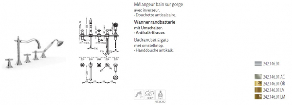 Tres-Clasic Badewannen-Armatur Wannenrand mit Handbrause 24214601 Chrom/Stahl/Gold/Messing, exklusives Design für Ihr Badezimmer