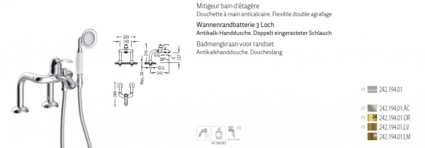 Tres-Clasic Badewannen-Armatur Wannenrand mit Handbrause 24219401 Chrom/Stahl/Gold/Messing, exklusives Design für Ihr Badezimmer