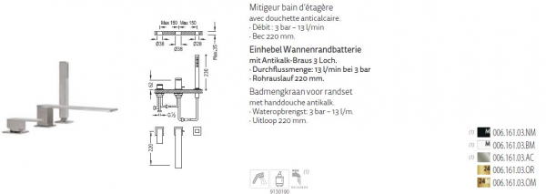 Tres Cuadro Exclusive Wannenrand-Armatur mit Handbrause 00616103 Schwarz, Weiß, Gold, Stahl, Design für Ihr Badezimmer