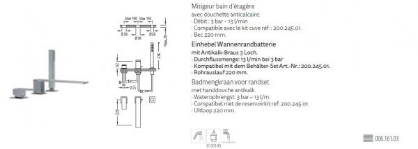 Tres Cuadro-Tres Badewannen-Randarmatur mit Handbrause 00616103, modernes Design für Ihr Badezimmer