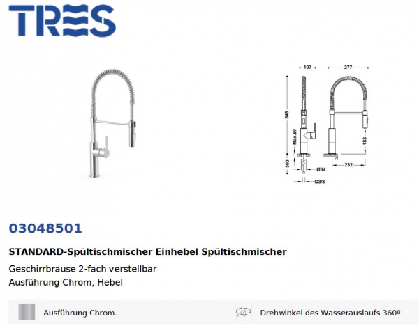 Tres Einhebel Spültischmischer Küchen-Armatur mit Geschirrbrause 03048501, modernes Design für Ihre Küche