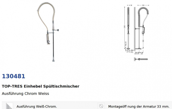 Tres Einhebel Spültischmischer Küchen-Armatur für Industrie/Großküche 130481, modernes Design für Ihre Küche