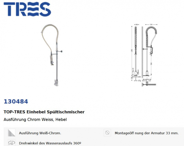 Tres Einhebel Spültischmischer Küchen-Armatur für Industrie/Großküche 130484, modernes Design für Ihre Küche