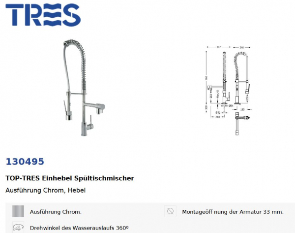 Tres Einhebel Spültischmischer Küchen-Armatur für Industrie/Großküche 130495, modernes Design für Ihre Küche