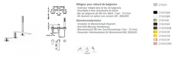 Tres Project-Tres Badewannenrandarmatur Wannenrandarmatur Handbrause mit Badewanneneinlauf 21116101