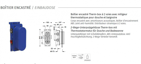 Tres Therm-box 2-Wege-Unterputzgehäuse mit Thermostatarmatur 20785001