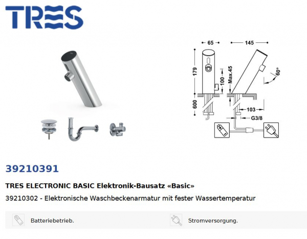 Tres elektronischer Wasserhahn Anti-Covid Waschbecken-Armatur mit Infrarotsensor 39210391