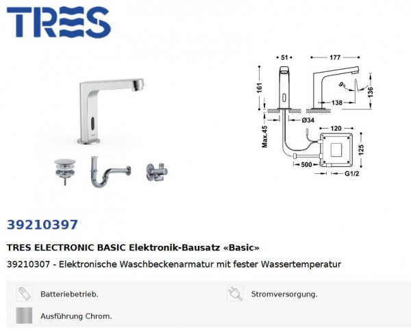 Tres elektronischer Wasserhahn Anti-Covid Waschbecken-Armatur mit Infrarotsensor 39210397