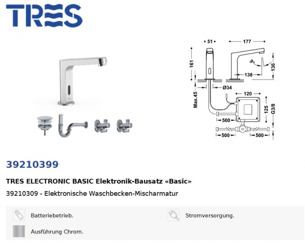 Tres elektronischer Wasserhahn Anti-Covid Waschbecken-Armatur mit Infrarotsensor 39210399