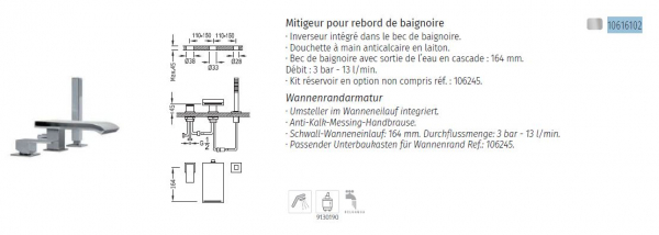 Tres exclusive Cuadro Wannenrand-Armatur für Badewanne 10616102