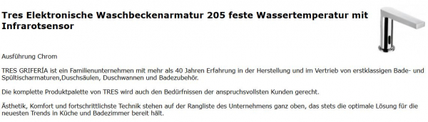 Trestronic Armatur 205 elektronischer Wasserhahn von Tres mit fester Wassertemperatur