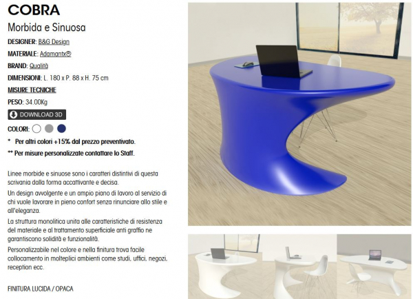 ZAD Italy Adamantx® Cobra Schreibtisch für Büro, Arbeitszimmer und Homeoffice, italienisches Luxus-Design für Ihr Zuhause