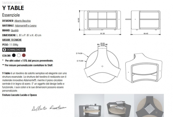 ZAD Italy Adamantx® Y Table exklusiver Couchtisch, Wohnzimmertisch, Ablage, italienisches Luxus-Design für Ihr Zuhause