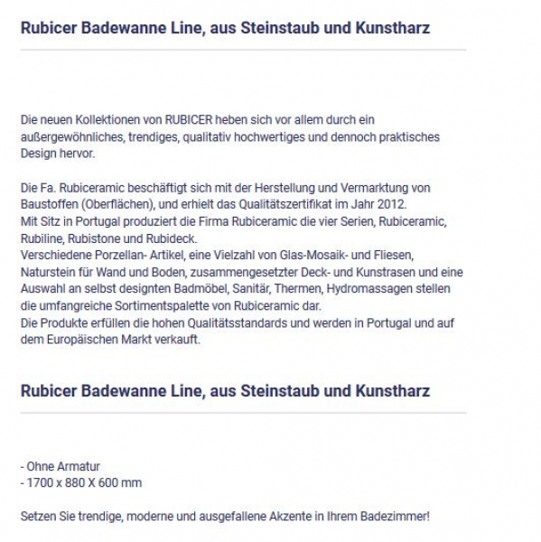 Rubicer Line Design-Badewanne Line Steinstaub/Kunstharz